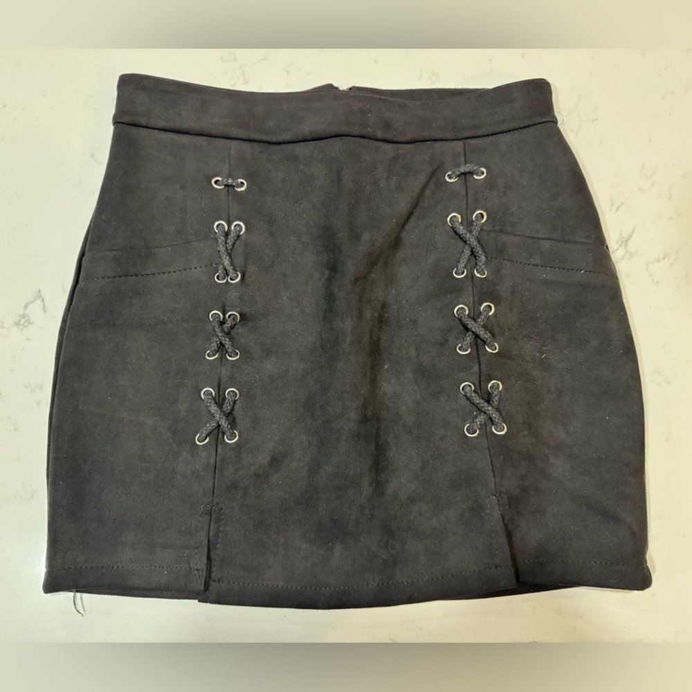 Black Lace-Up Suede Skirt